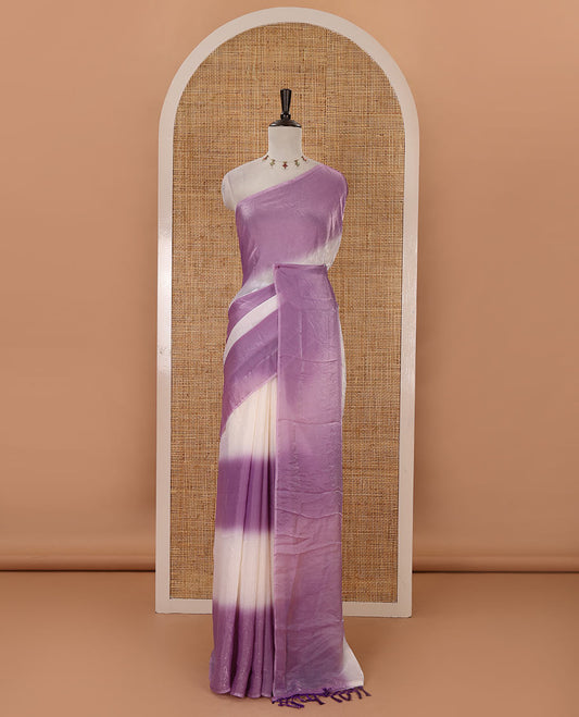 Borderless lavender tie-dye-style printed fendy satin saree, self-pallu with tassels & plain blouse
