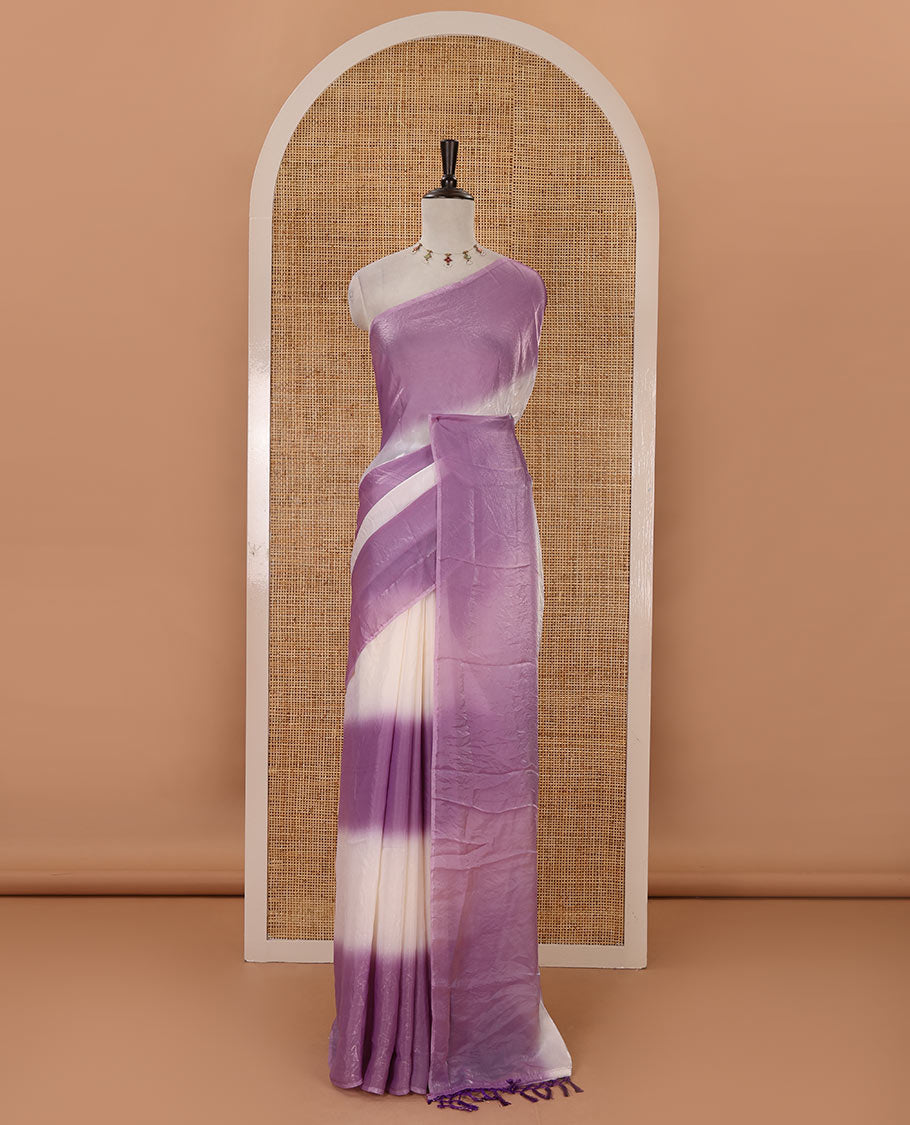 Borderless lavender tie-dye-style printed fendy satin saree, self-pallu with tassels & plain blouse