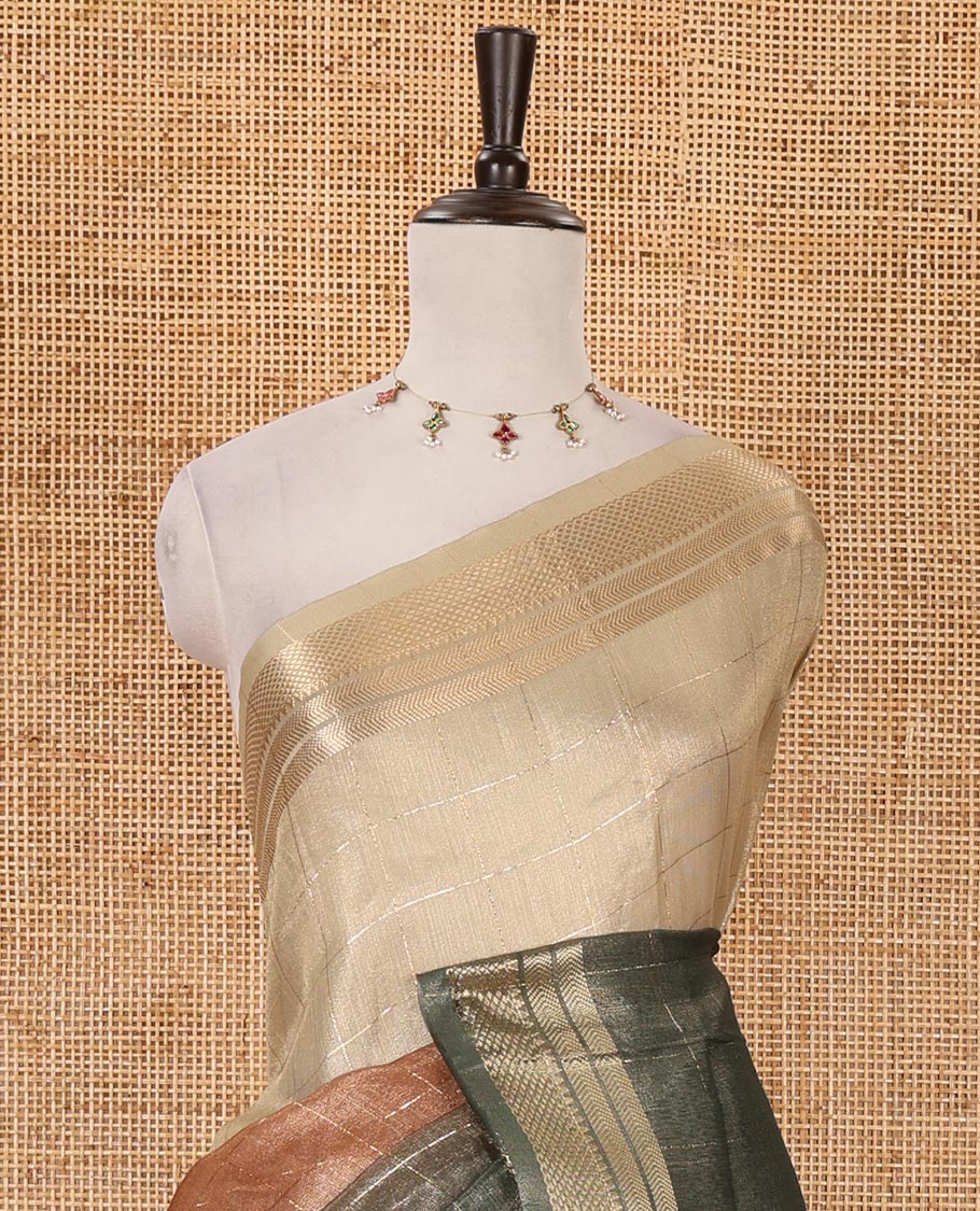 Brown-ombre zari checked tissue saree, gold zari design border, Madhubani-style digital printed pallu & Madhubani printed blouse