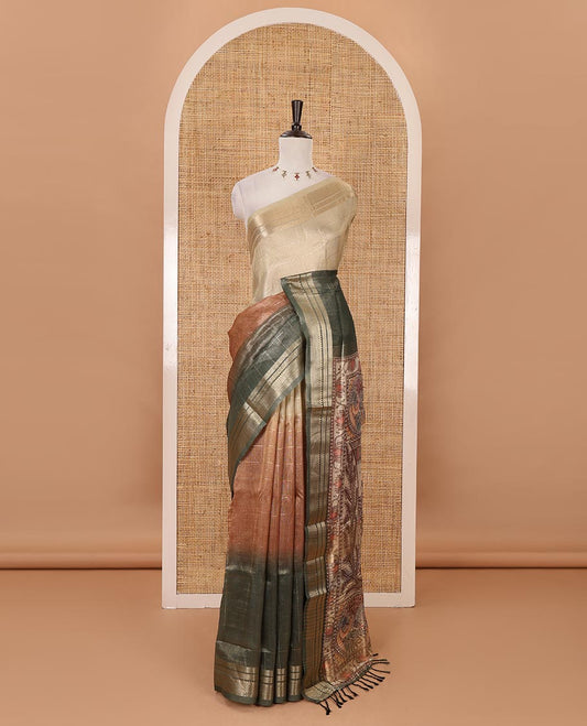 Brown-ombre zari checked tissue saree, gold zari design border, Madhubani-style digital printed pallu & Madhubani printed blouse