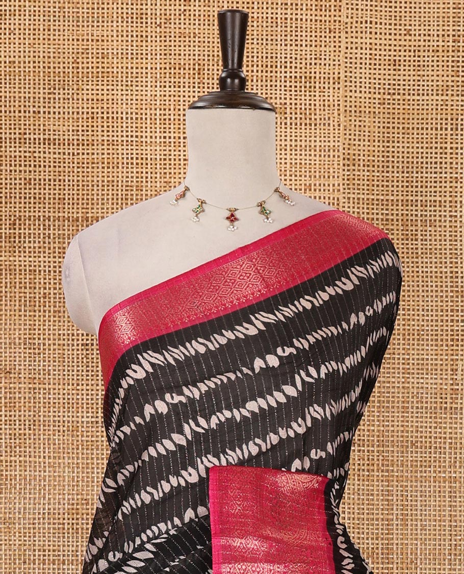 Black zari striped & uniquely printed soft tusser saree,contrast traditional zari border,kalamkari floral print pallu & zari design blouse