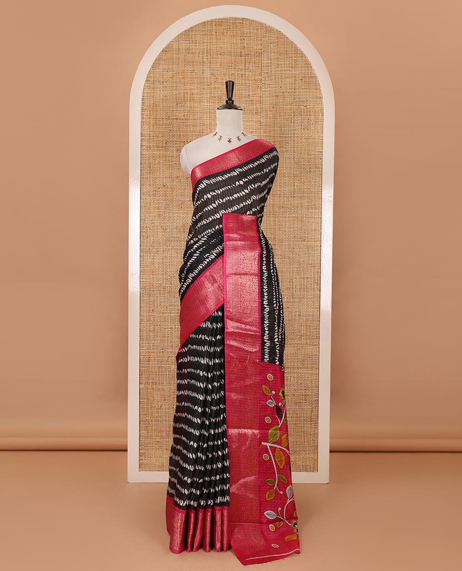 Black zari striped & uniquely printed soft tusser saree,contrast traditional zari border,kalamkari floral print pallu & zari design blouse