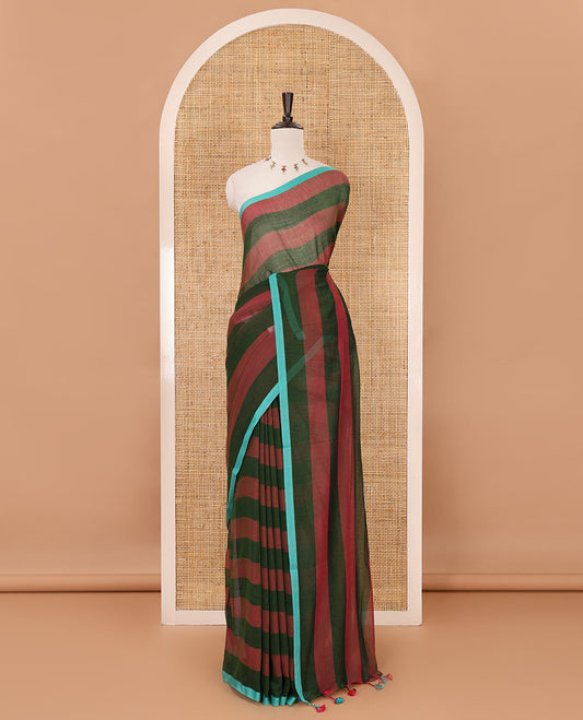 Olive green horizontal striped khadi cotton saree, contrast piping border & matching horizontal striped blouse