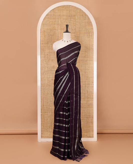 Borderless violet horizontal-style stripes foli printed Fendy chiffon saree