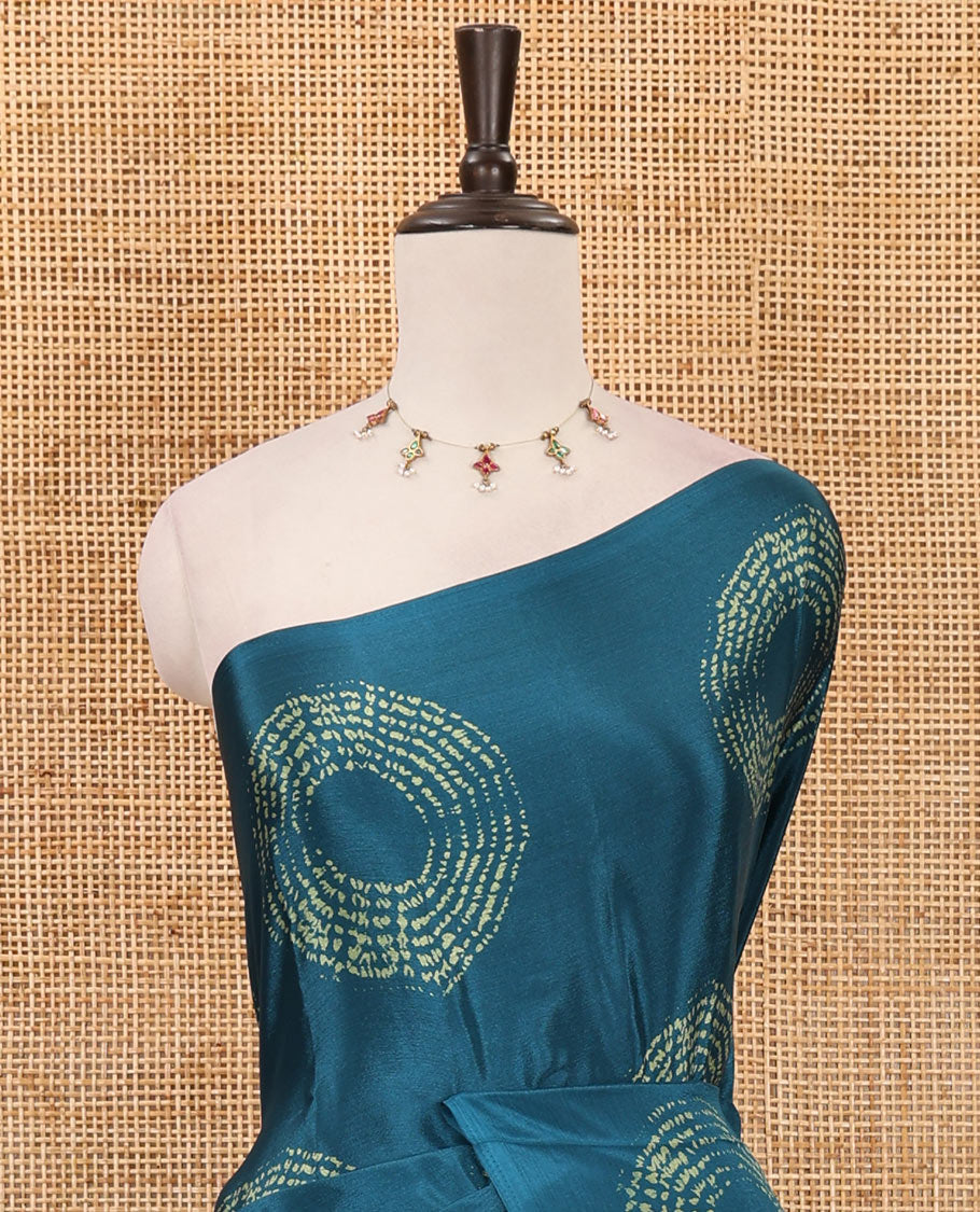 Borderless peacock green Shibori-style circle motifs printed Turkey crepe saree, Shibori printed pallu & small buttas printed blouse