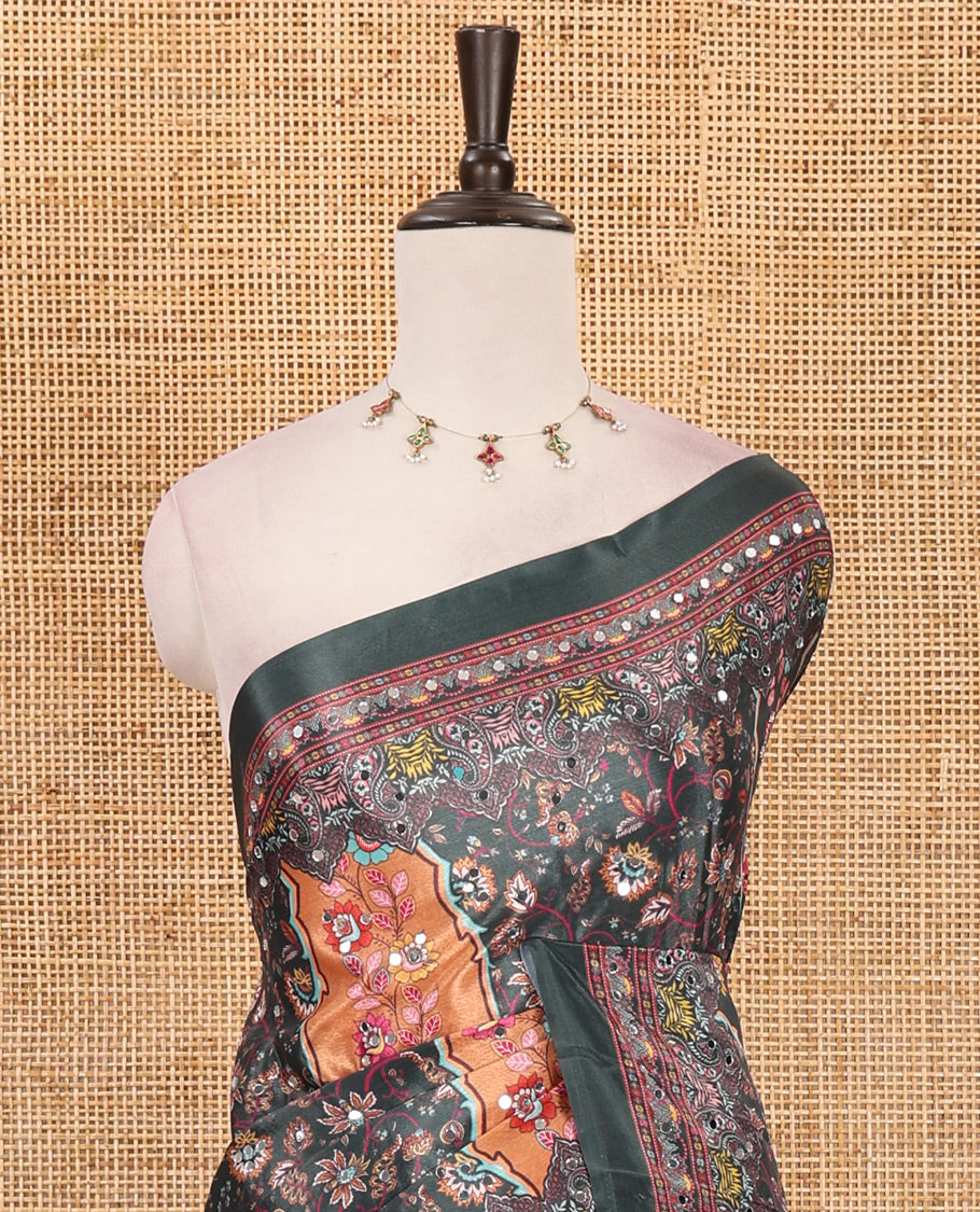 Green geometric patterns kaleidoscope-colored printed & mirror embroidered half-&-half masakali saree, printed border & pallu of embroidery work & plain blouse