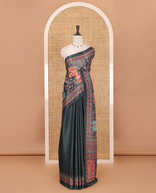 Green geometric patterns kaleidoscope-colored printed & mirror embroidered half-&-half masakali saree, printed border & pallu of embroidery work & plain blouse