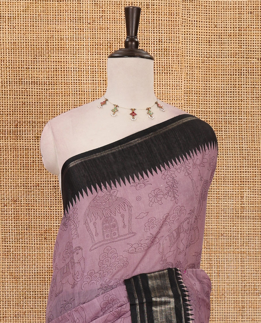 Lavender kalamkari-style flora-fauna printed mercerised cotton saree, contrast temple zari border, kalamkari peacock printed pallu & contrast printed blouse
