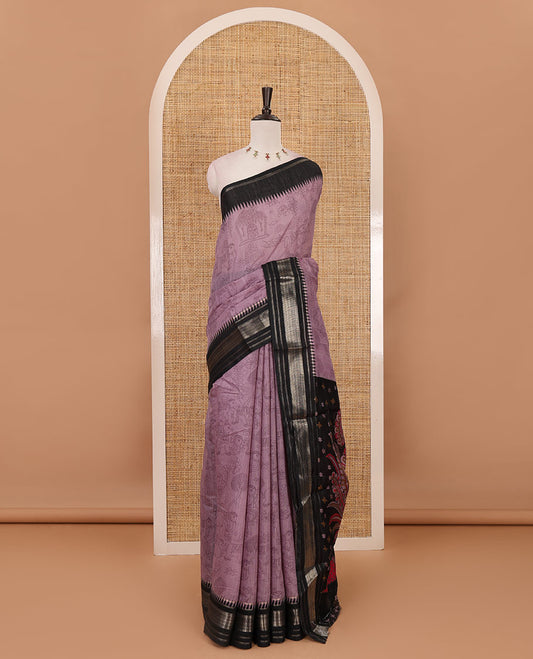 Lavender kalamkari-style flora-fauna printed mercerised cotton saree, contrast temple zari border, kalamkari peacock printed pallu & contrast printed blouse