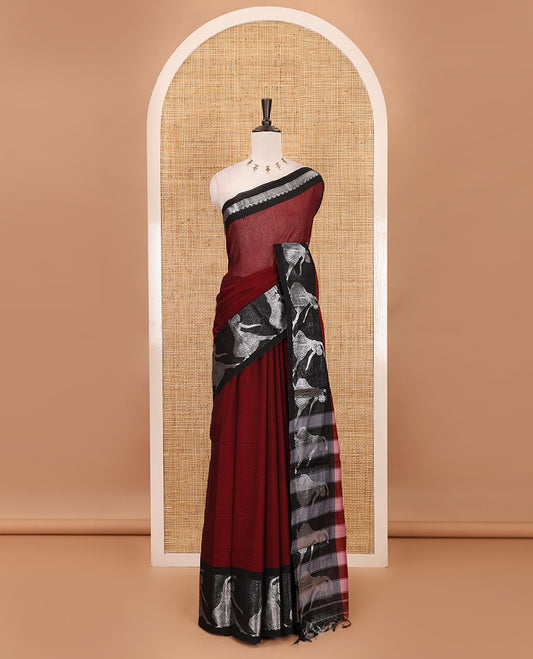 Red full-plain Mercerised cotton saree, contrast sliver zari Dancing Bharatanatyam girl motifs woven border, striped pallu & plain blouse