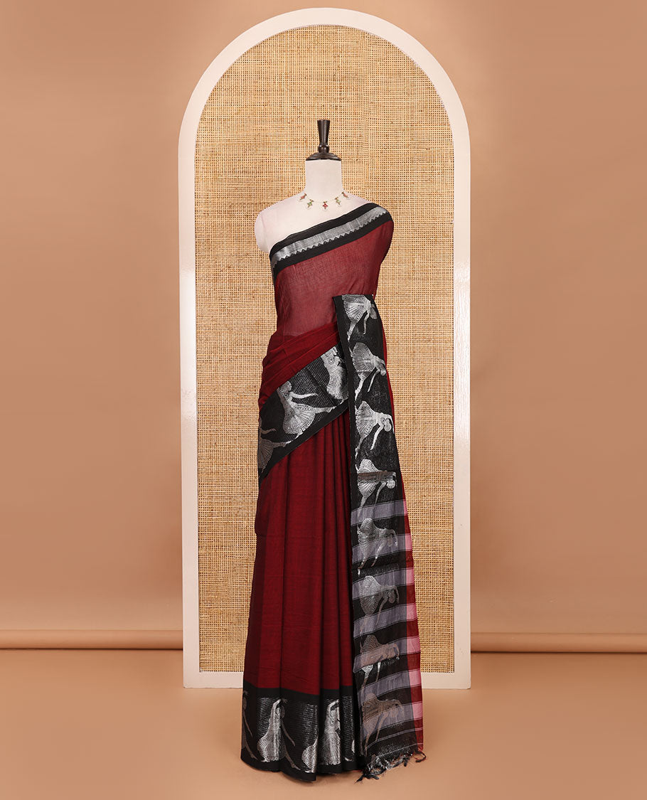Red full-plain Mercerised cotton saree, contrast sliver zari Dancing Bharatanatyam girl motifs woven border, striped pallu & plain blouse