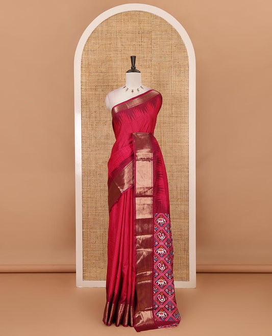 Pink striped dola-tussar saree, contrast temple zari border, patola animal motifs enclosed jaal printed pallu & patola printed blouse