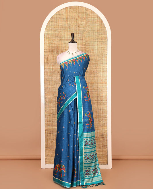 Blue buttas & kaleidoscope color elephant motifs printed katan silk saree, contrast multi-hue temple motif border, ikkat geometric print pallu & contrast printed blouse
