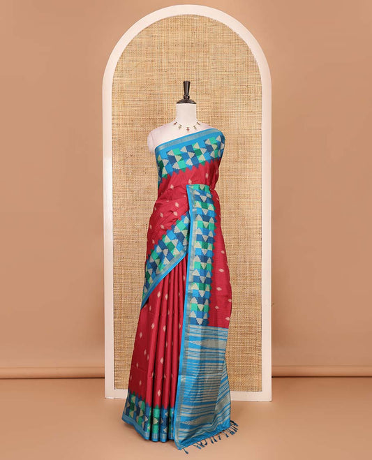 Maroon striped and buttas kathan silk saree, contrast multi-color temple border, seer printed pallu, and contrast printed blouse