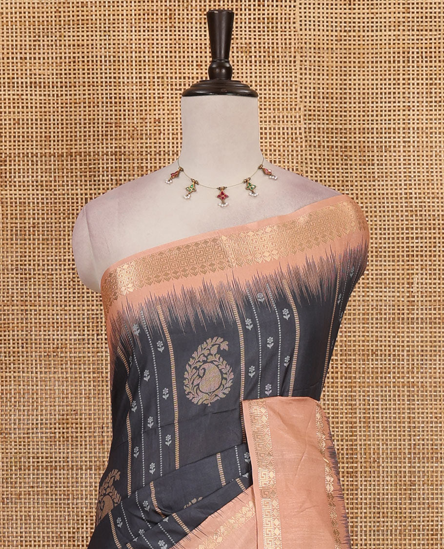 Dark Grey floral, manga and striped katan silk saree, contrast rettai pettu temple border of diamond and Greek key design, jaal pallu, and contrast printed blouse