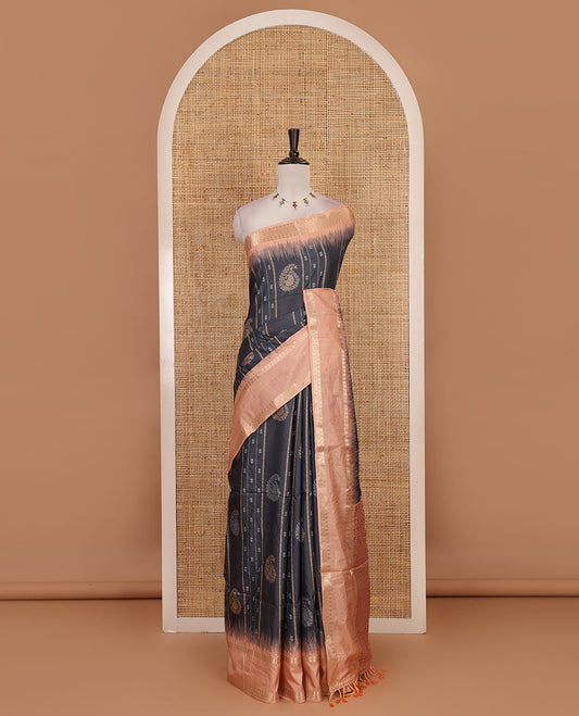 Dark Grey floral, manga and striped katan silk saree, contrast rettai pettu temple border of diamond and Greek key design, jaal pallu, and contrast printed blouse