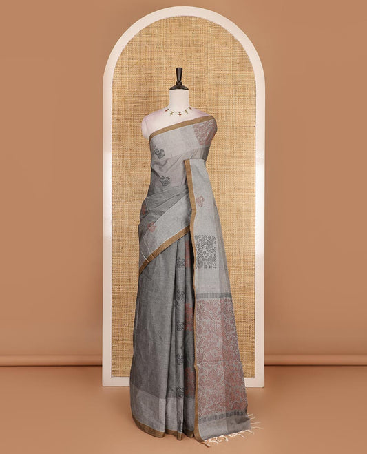 Grey bird motifs printed Handloom cotton saree, contrast piping border, pallu of bird motifs print, and a matching blouse