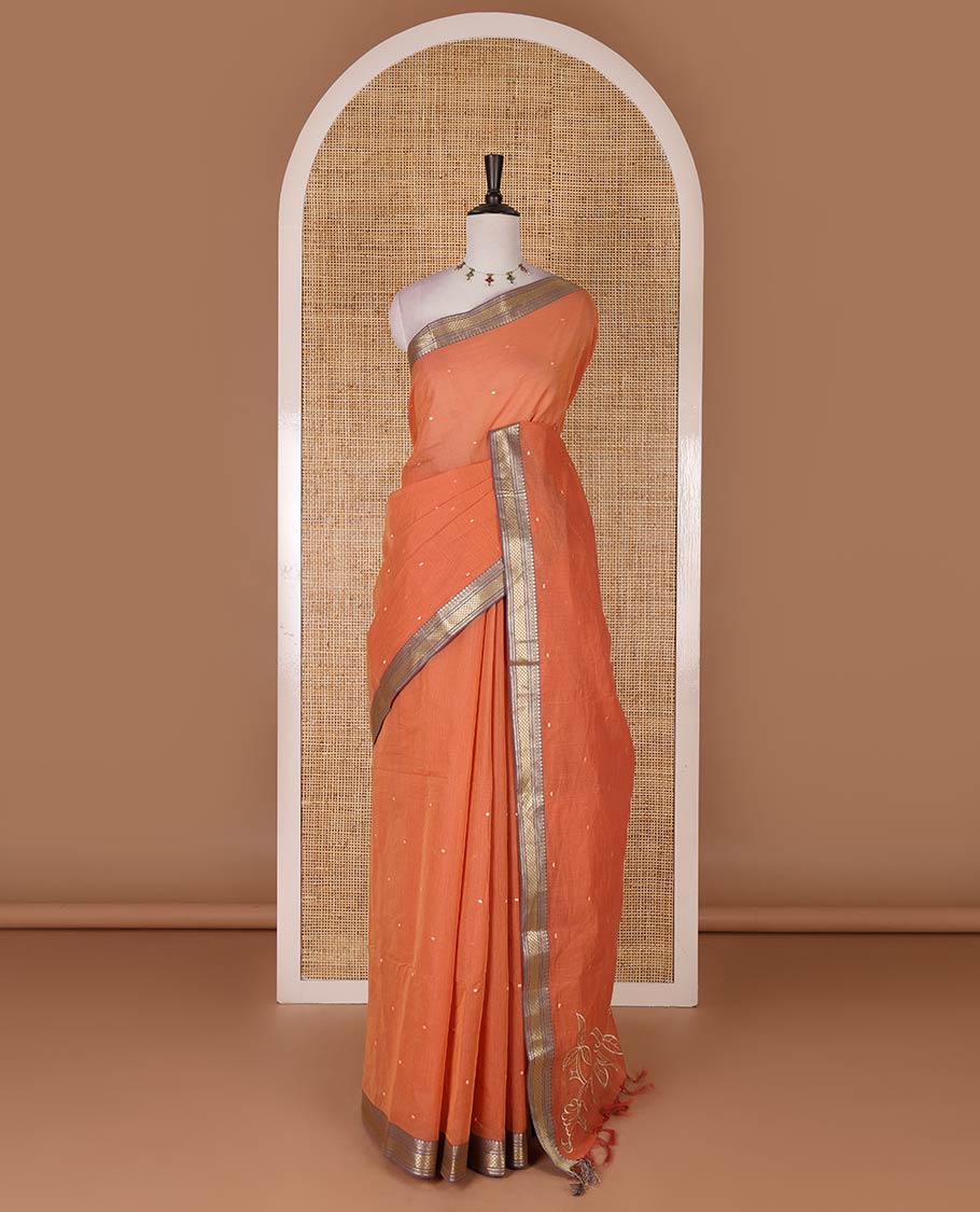 Rust buttas Mangalagiri cotton saree, contrast traditional zari border, floral vine with bird embroidered pallu, and matching blouse