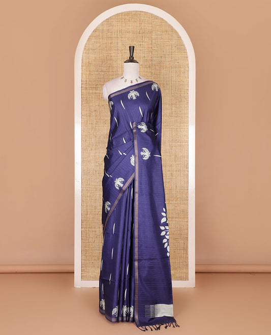Blue jasmine bud motifs printed kathan silk saree, double-headed eagle motif zari piping border, pichwai cow printed pallu, and floral printed blouse