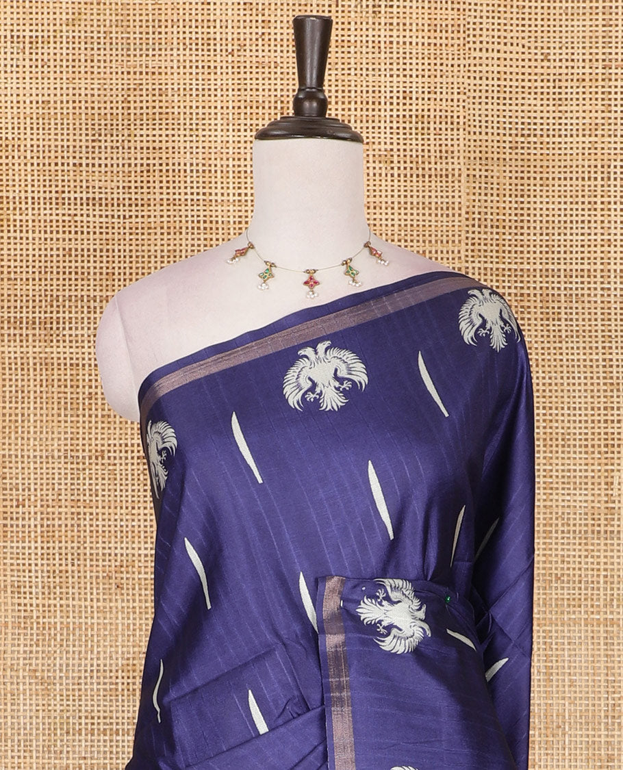 Blue jasmine bud motifs printed kathan silk saree, double-headed eagle motif zari piping border, pichwai cow printed pallu, and floral printed blouse