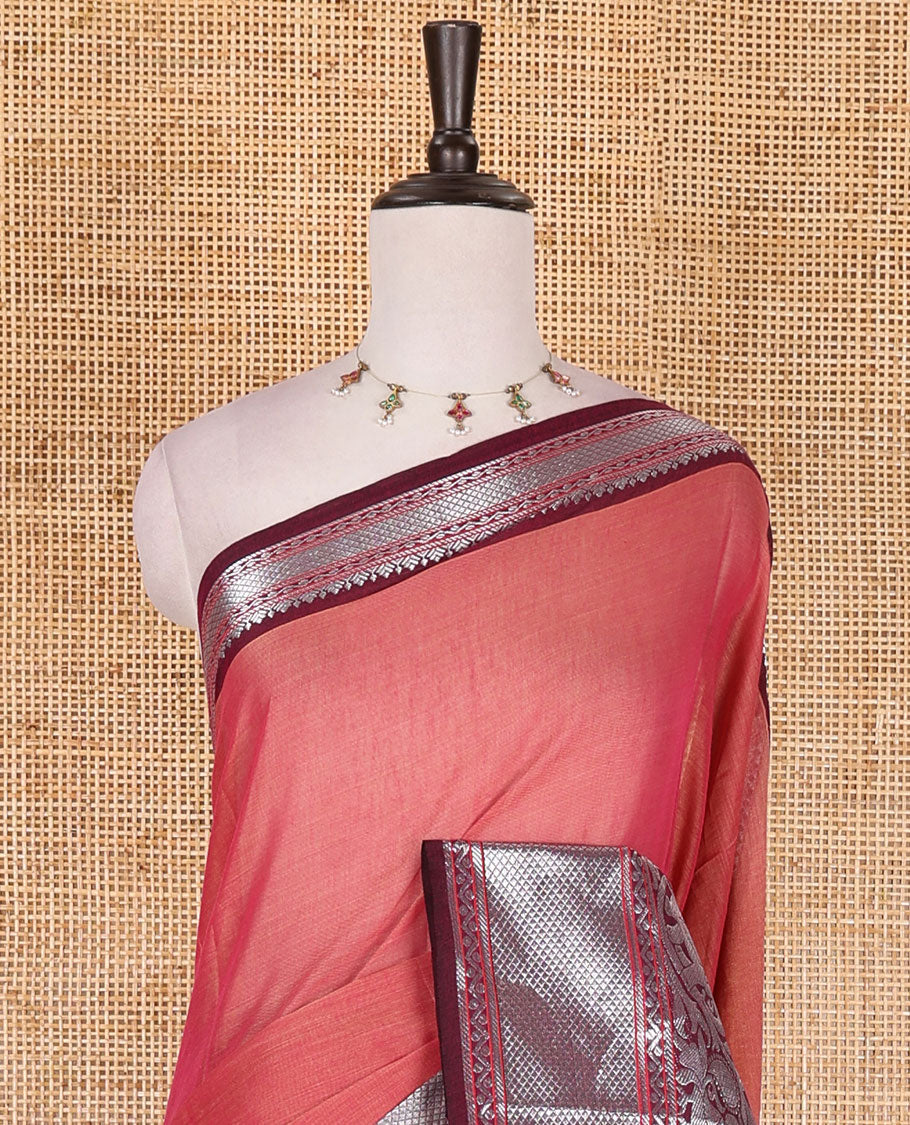 Pink plain mercerised cotton saree, contrast traditional zari border of elephant and peacock designs, striped pallu, and plain blouse