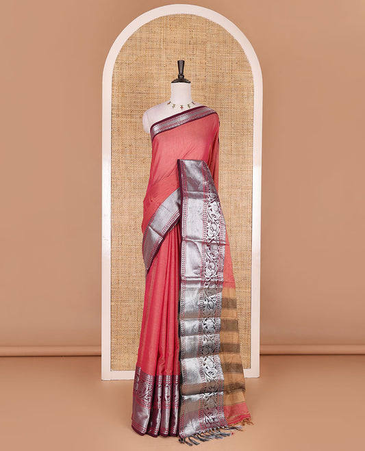 Pink plain mercerised cotton saree, contrast traditional zari border of elephant and peacock designs, striped pallu, and plain blouse