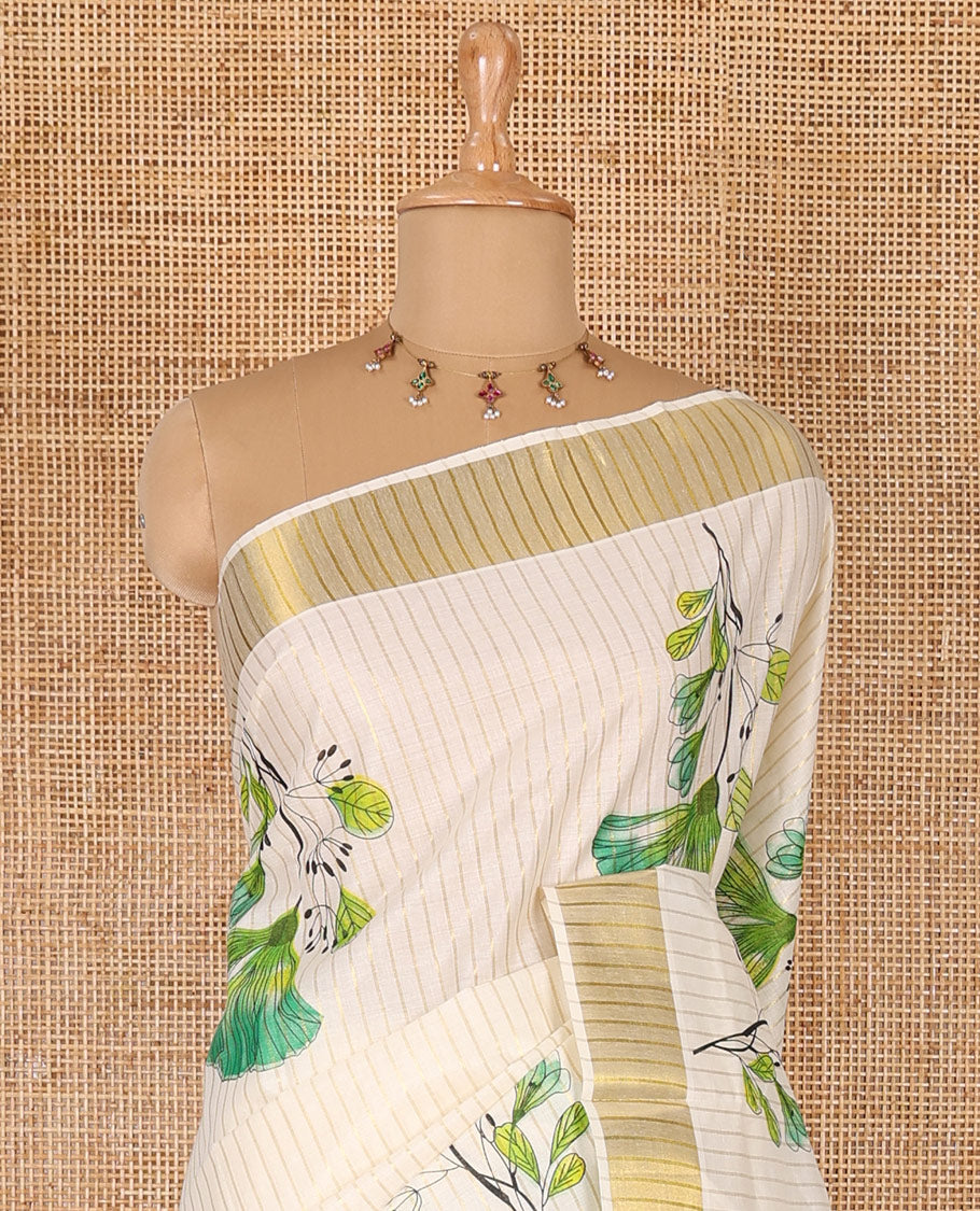 Cream and green vertically striped with handblock floral motifs printed Kerala cotton saree, zari striped border, handblock floral printed pallu, and a matching blouse