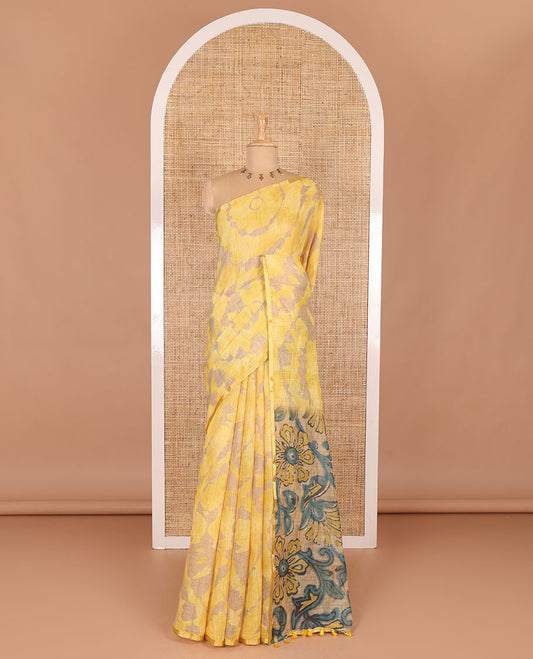 Borderless yellow batik printed linen cotton saree, hand brush painting style floral vine printed pallu, and contrast floral printed blouse