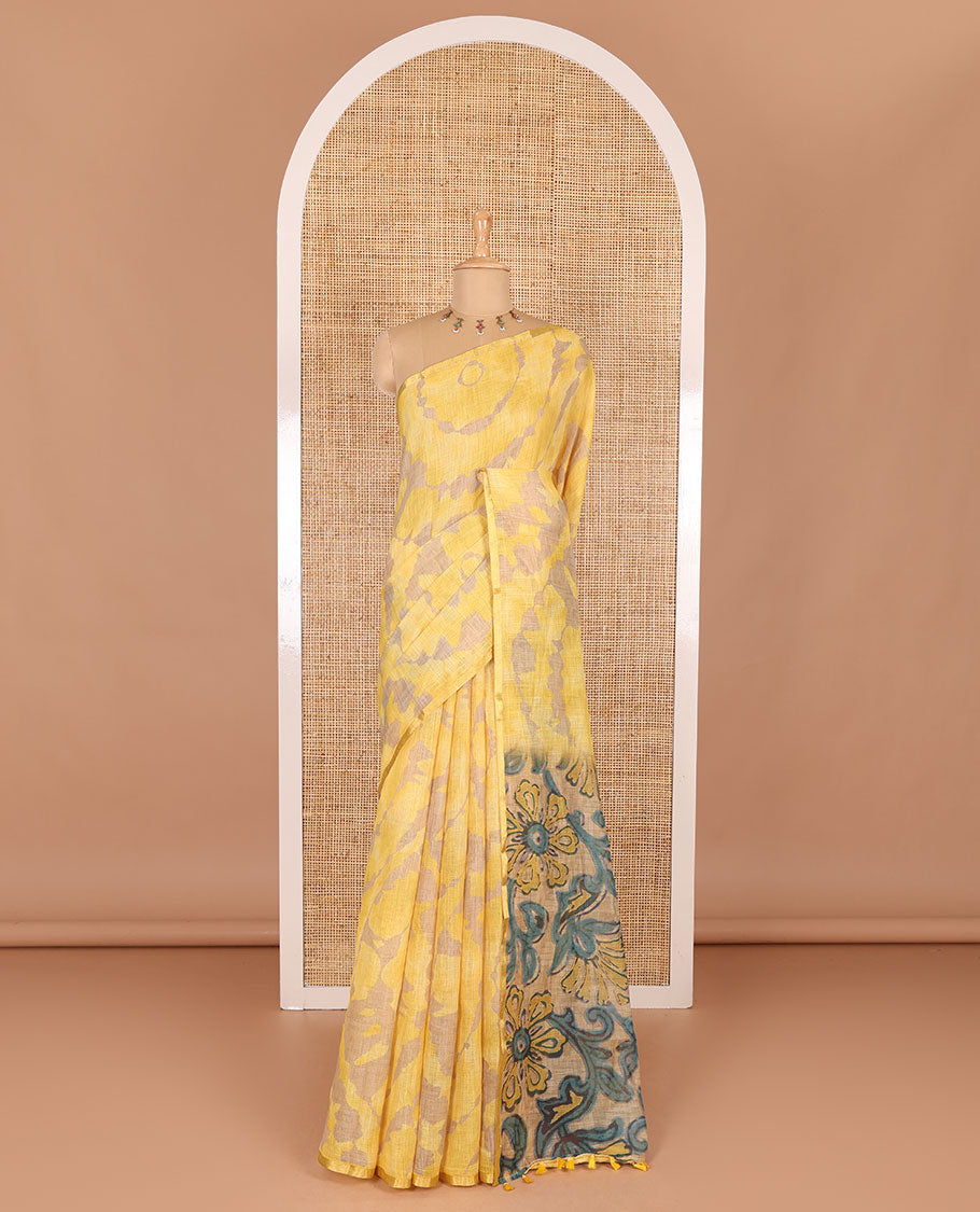 Borderless yellow batik printed linen cotton saree, hand brush painting style floral vine printed pallu, and contrast floral printed blouse