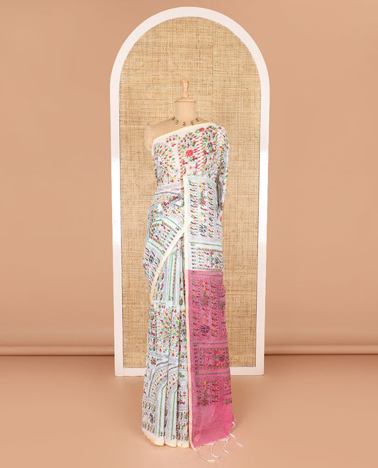 Borderless white and pink Warli village printed khadi mul cotton saree, contrast Warli motifs printed pallu, and a plain blouse
