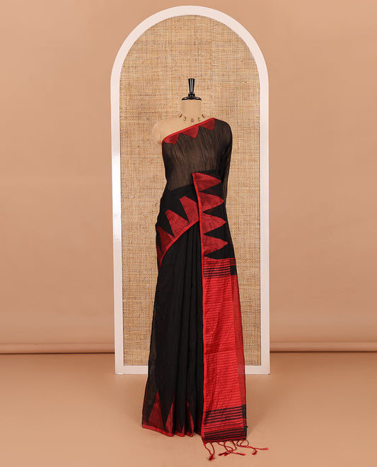 Black and red plain khadi mul cotton saree, contrast thread temple border, plain pallu, and a contrast plain blouse