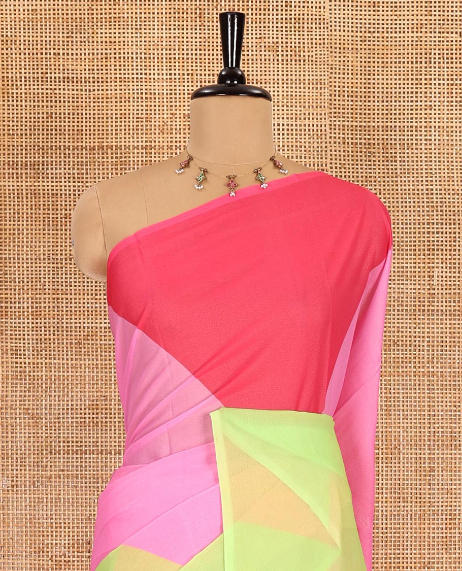 Borderless pink plain moss chiffon saree, contrast double-sided temple border, self-pallu, and diamond-patterned printed blouse
