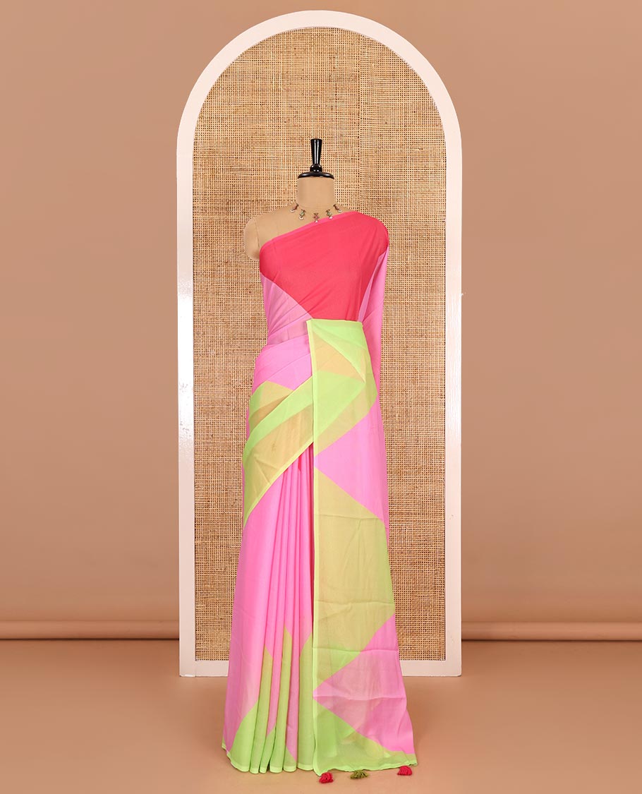 Borderless pink plain moss chiffon saree, contrast double-sided temple border, self-pallu, and diamond-patterned printed blouse