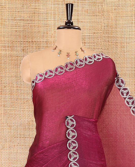 Purple plain fendy chiffon saree, scallop micro stone border, intricate stone work pallu, and a matching micro-stone blouse