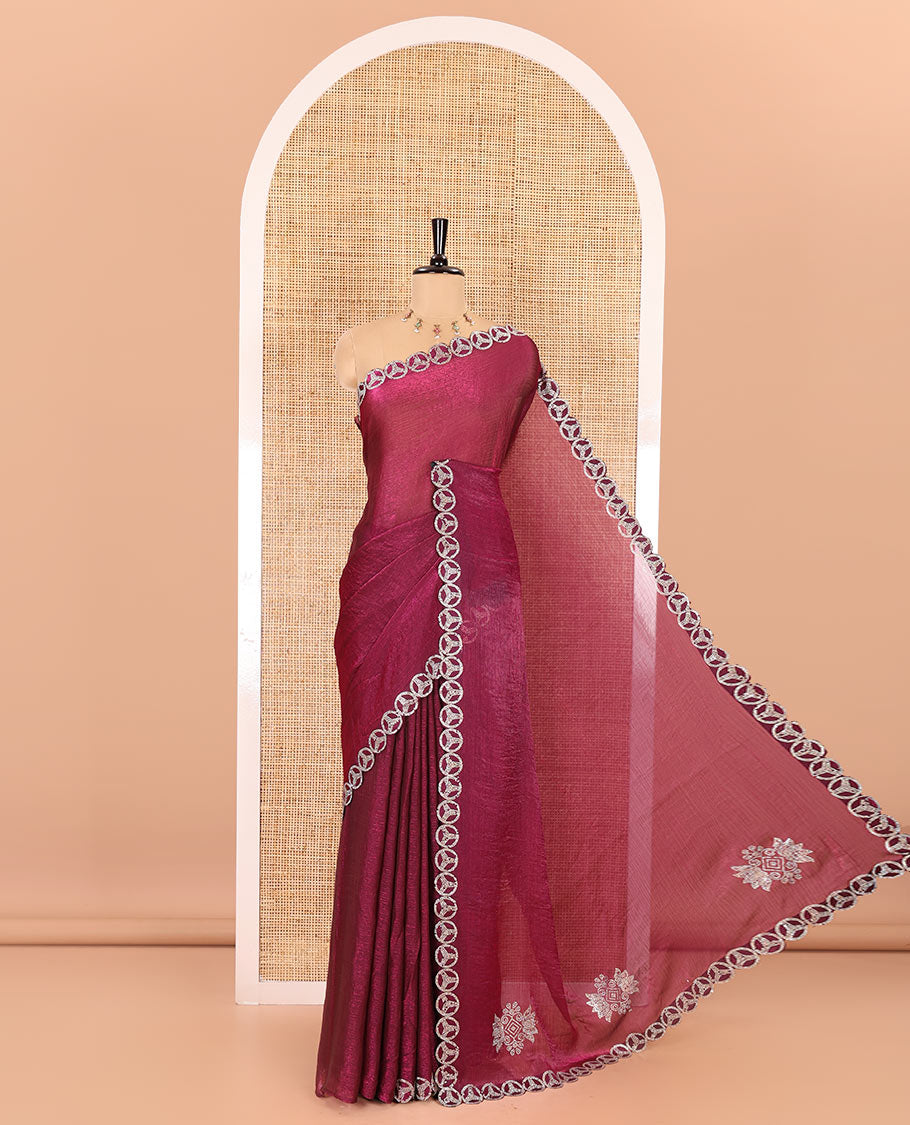 Purple plain fendy chiffon saree, scallop micro stone border, intricate stone work pallu, and a matching micro-stone blouse
