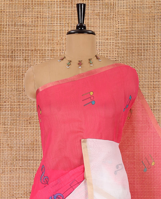 Pink musical-note-motif-printed chanderi cotton saree with contrast musical-note-motif-printed piping border, and a matching blouse
