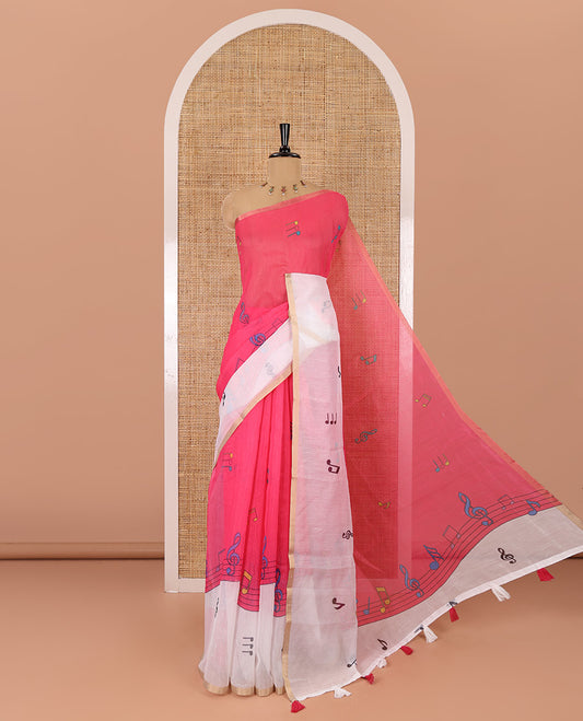Pink musical-note-motif-printed chanderi cotton saree with contrast musical-note-motif-printed piping border, and a matching blouse