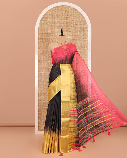 Black vertical striped and polka dotted lines dola silk saree, contrast ganga-jamuna traditional zari border, striped pallu, and a contrast blouse of print and zari work