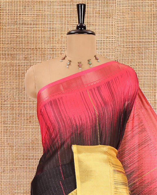 Black vertical striped and polka dotted lines dola silk saree, contrast ganga-jamuna traditional zari border, striped pallu, and a contrast blouse of print and zari work