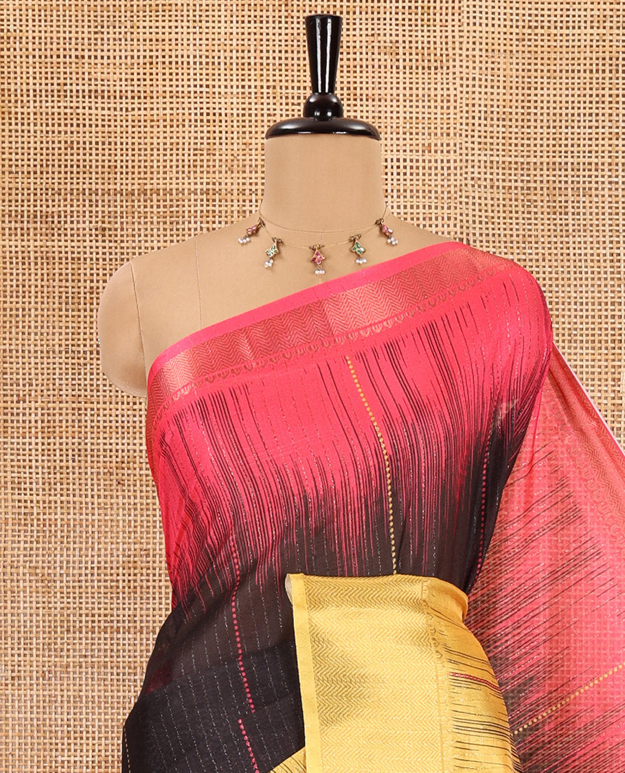 Black vertical striped and polka dotted lines dola silk saree, contrast ganga-jamuna traditional zari border, striped pallu, and a contrast blouse of print and zari work