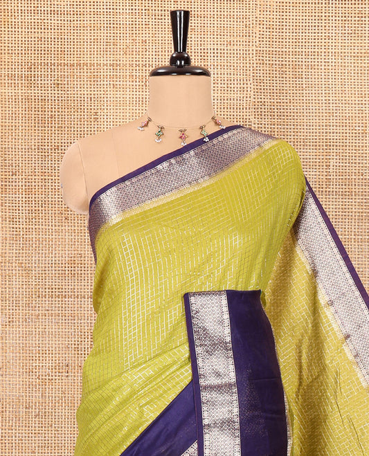 Green zari checked Assam cotton saree, contrast traditional zari design border, zari design pallu, and a contrast zari design blouse