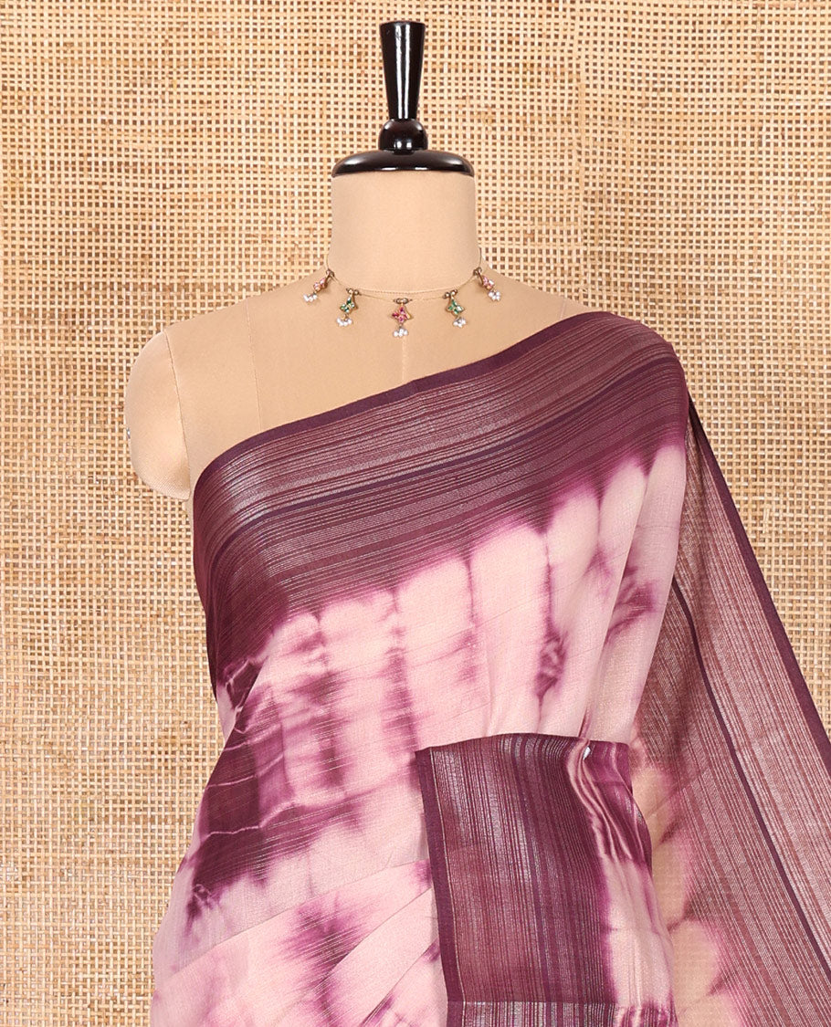 Purple Linen Cotton Saree Enlivened with Shibori Print, Complemented by a Contrast Plain Border, Featuring a Shibori-Printed Pallu, Paired with a Contrast Blouse