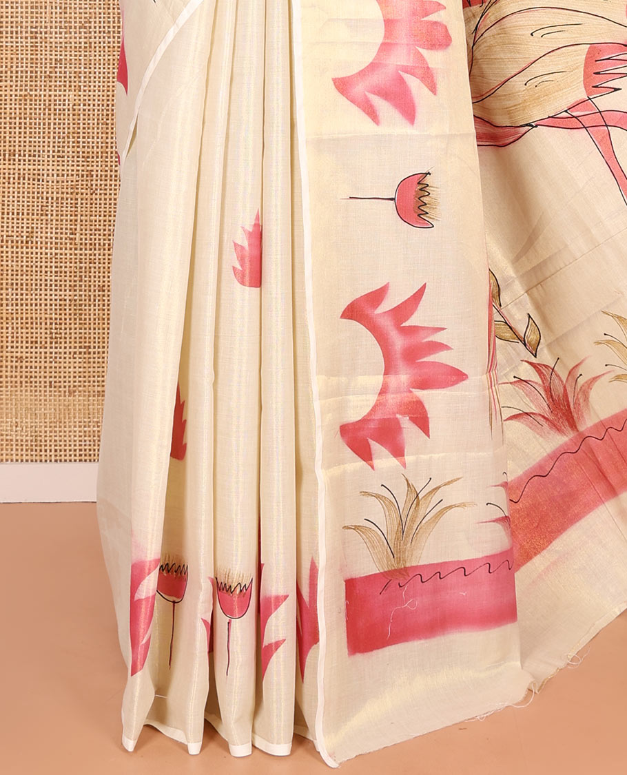 Gold-pink Kerala Cotton Saree Subtly Sparked with Handblock-Printed Flora Motifs, Featuring a Self Pallu with girl and flamingo motifs Handblock Prints, and Paired with a Matching Plain Blouse