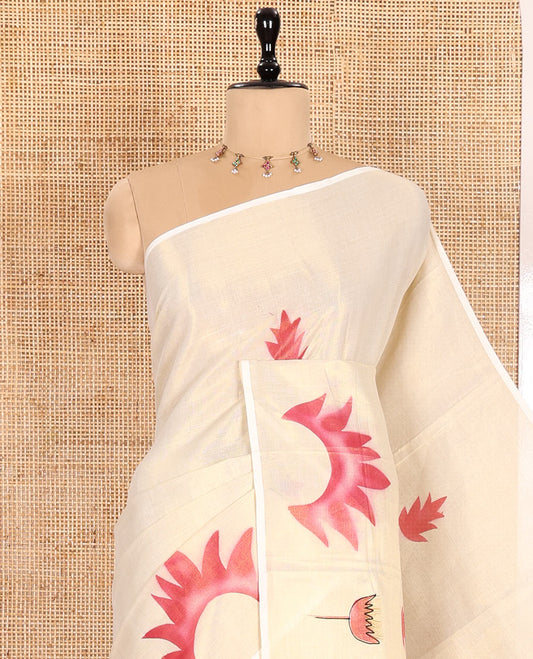 Gold-pink Kerala Cotton Saree Subtly Sparked with Handblock-Printed Flora Motifs, Featuring a Self Pallu with girl and flamingo motifs Handblock Prints, and Paired with a Matching Plain Blouse