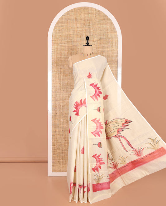 Gold-pink Kerala Cotton Saree Subtly Sparked with Handblock-Printed Flora Motifs, Featuring a Self Pallu with girl and flamingo motifs Handblock Prints, and Paired with a Matching Plain Blouse