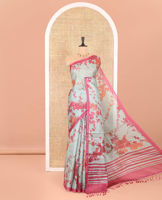 Borderless Beige Kota Chex Saree Prettified with Floral Motifs Digital Print, Subtle Pallu of Stripes, and Paired with a Contrast Plus Printed Blouse