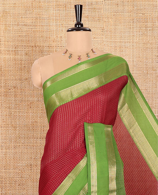 Maroon Moss Chiffon Saree Subtly Sparkled with Zari Checks All Over Its Body, Complemented by a Contrast Traditional Zari Design Border, Striped Pallu, and Paired with a Contrast Blouse
