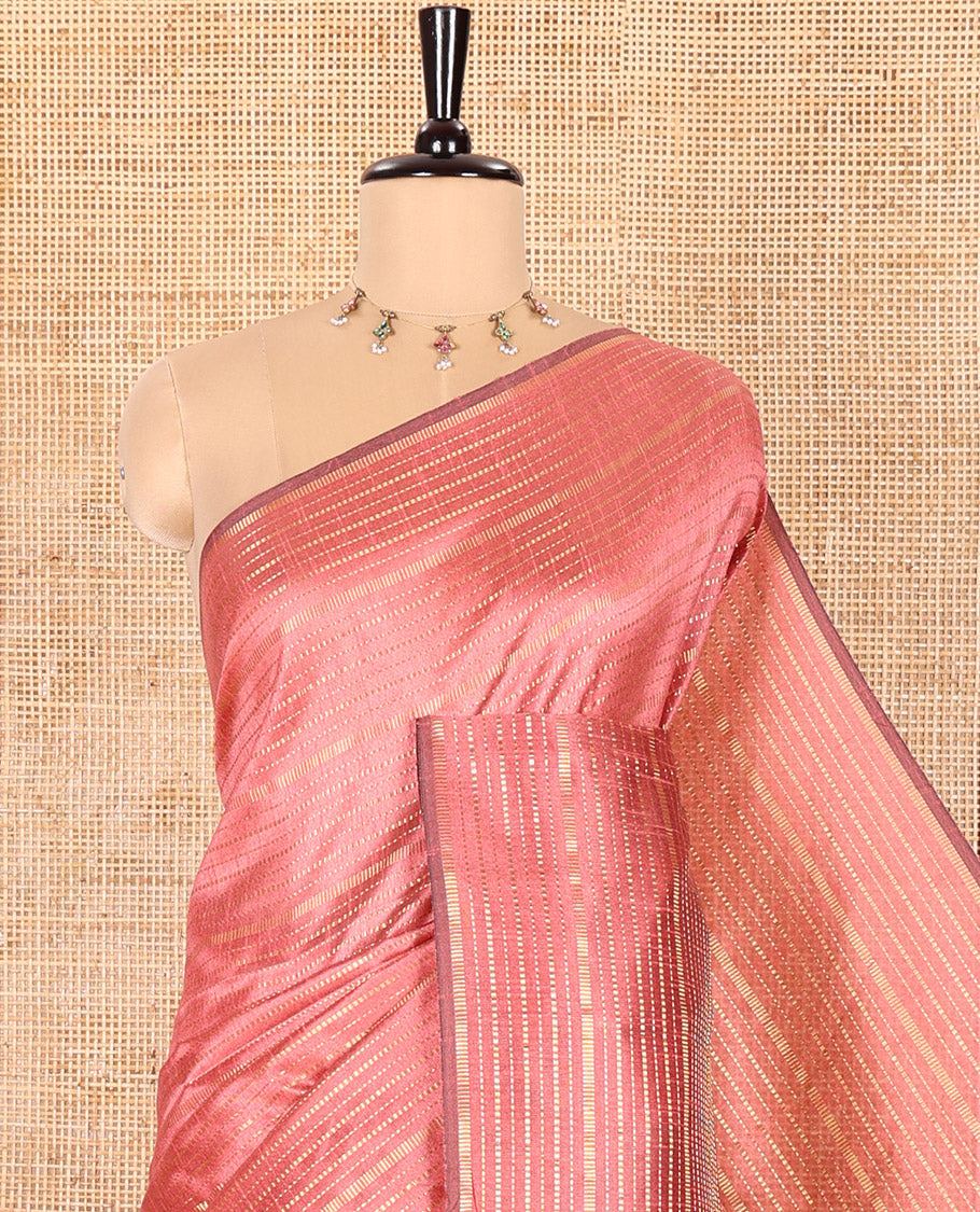 Borderless Onion Pink and Black Semi-Raw Silk Saree Detailed with Gold-Zari Horizontal Stripes All Over Its Body, Complemented by a Contrast Pallu of Stripes, and Paired with a Contrast Blouse