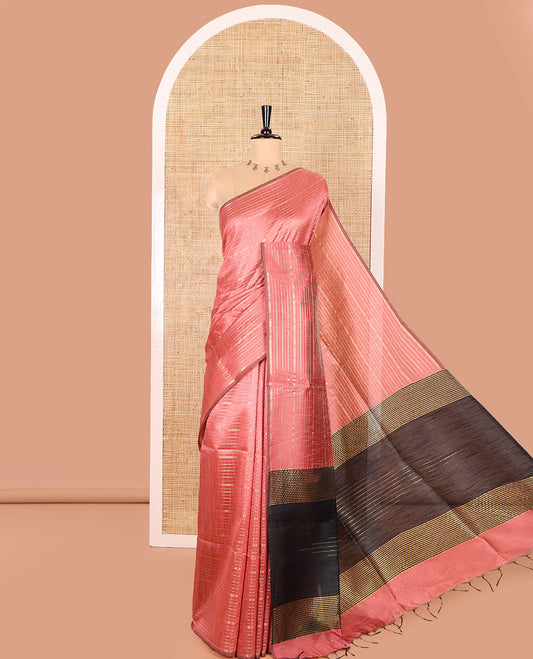 Borderless Onion Pink and Black Semi-Raw Silk Saree Detailed with Gold-Zari Horizontal Stripes All Over Its Body, Complemented by a Contrast Pallu of Stripes, and Paired with a Contrast Blouse