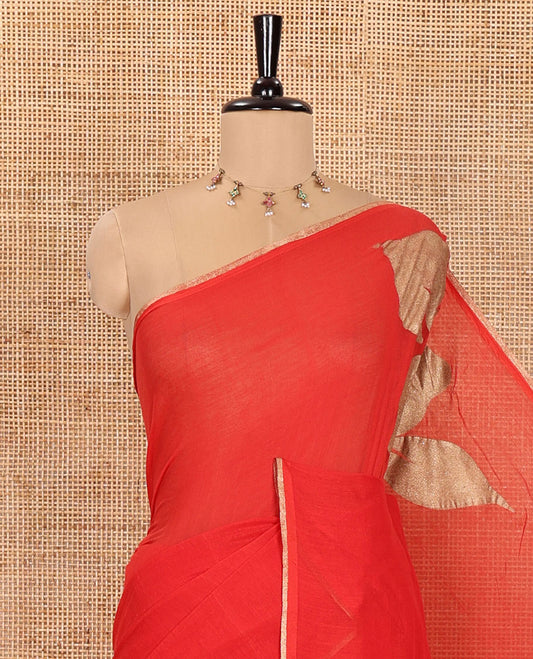 Borderless Red Khadi Mul Cotton Saree, Beautified with Big Hibiscus Floral Motifs Foil-Printed on Its Body, Subtly Sparkled Pallu of the Same Print and Tassels, and Paired with a Matching Blouse